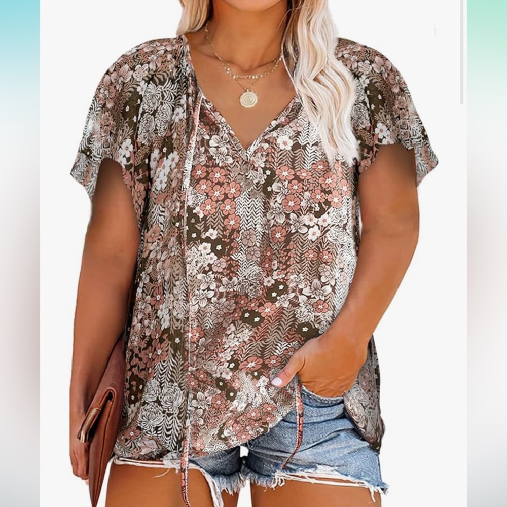 Flutter sleeve tie-neck boho short sleeved blouse